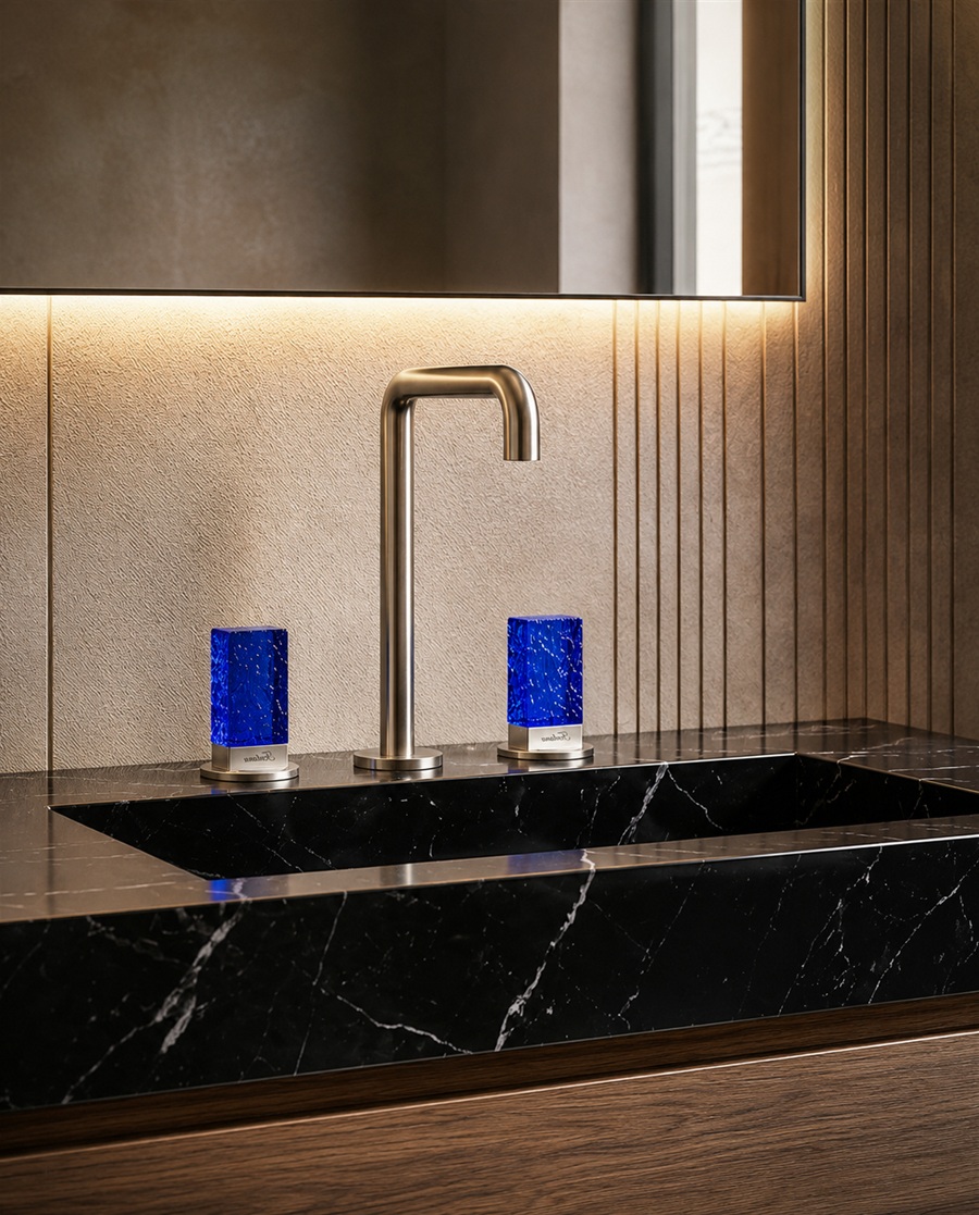 Fontana luxury black marble sink with brushed nickel faucet, blue glass handles, and warm modern bathroom lighting